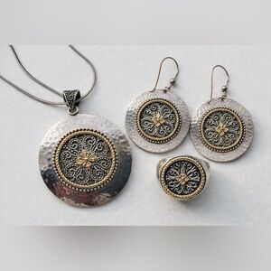 Sterling Silver 925 Jewelry Set – Necklace, Earrings & Ring – Gold Accents